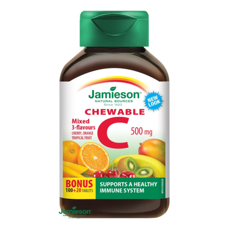 Jamieson Vitamín C 500 mg tablety na cmúľanie mix troch ovocných príchutí 100 + 20 tbl ZDARMA