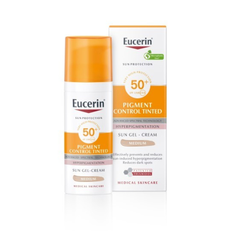 Eucerin SUN PIGMENT CONTROL TINTED SPF50+ MEDIUM emulzia na opaľovanie s depigmentačným účinkom, stredne tmavá 50 ml