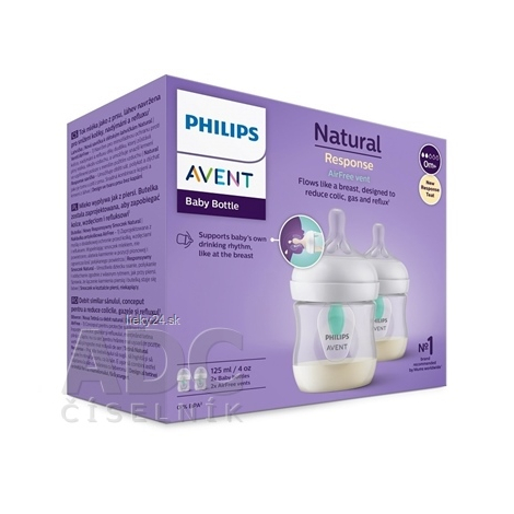 AVENT Fľaša natural response 125 ml priehľadná cumlík s ventilom airfree 0m+ 2 ks