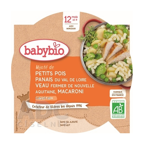 BabyBIO Hrášok paštrnák, teľacie mäso s makarónmi