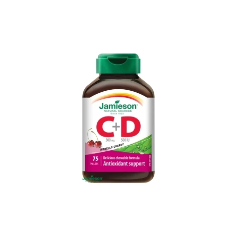 Jamieson Vitamín C a D3 500 mg/ 500 IU tablety na cmúľanie s príchuťou čerešne 75 tbl