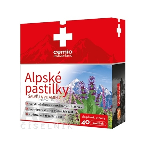 Cemio Alpské pastilky šalvia a vitamín C lisované pastilky na upokojenie sliznice ústnej dutiny 40 ks